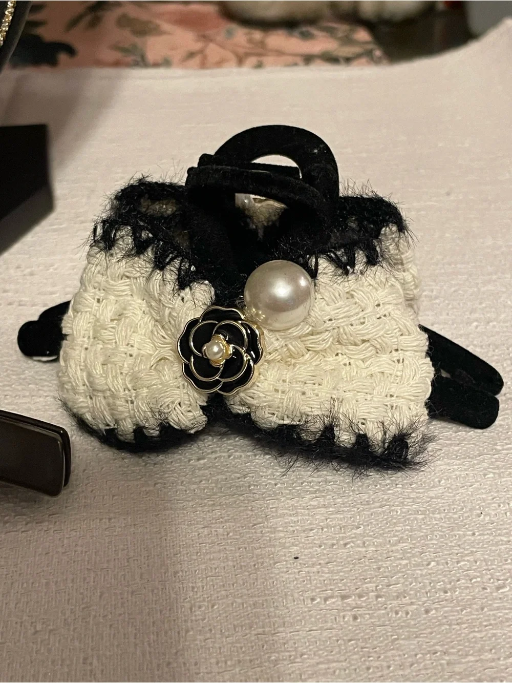 Woven Bow Accent Hair Clip with Pearl & Floral Charm - Black & Cream